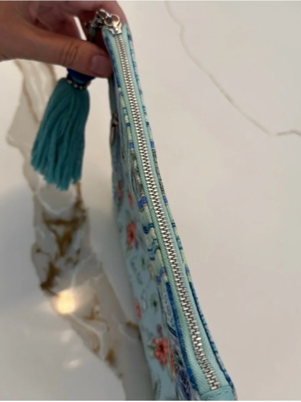 Camilla Shades of Rio Floral Blue-Green Canvas Tassel Clutch